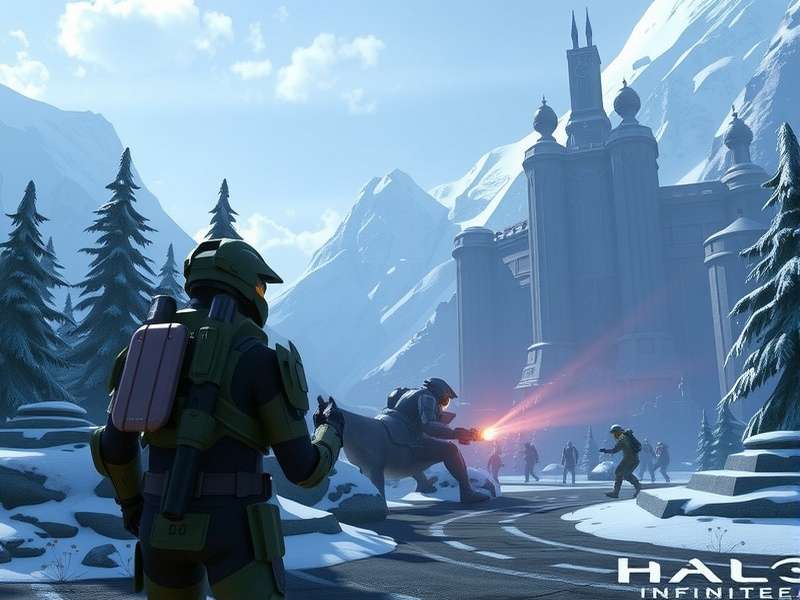 Concept art of a mysterious Forerunner structure on Zeta Halo with a Spartan silhouetted against it