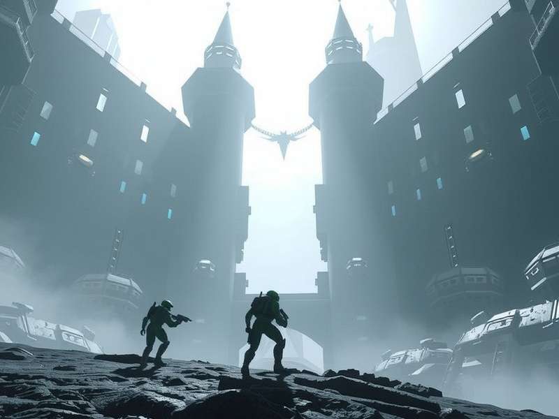 Master Chief overlooking the vast landscape of Zeta Halo in Halo Infinite