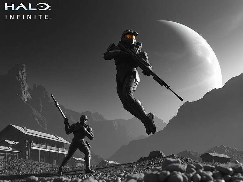 Four Spartans in Halo Infinite Co-Op Campaign fighting on a scenic ring