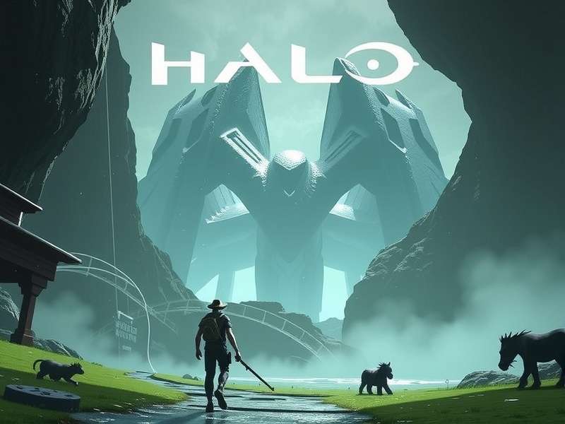 Master Chief standing on a Halo ring with free-to-play logo overlay