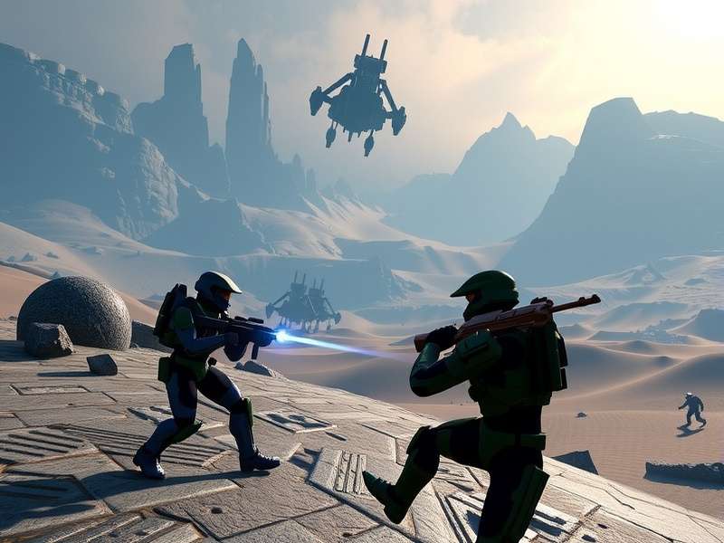 Four Master Chief Spartans fighting together in Halo Infinite campaign co-op mode
