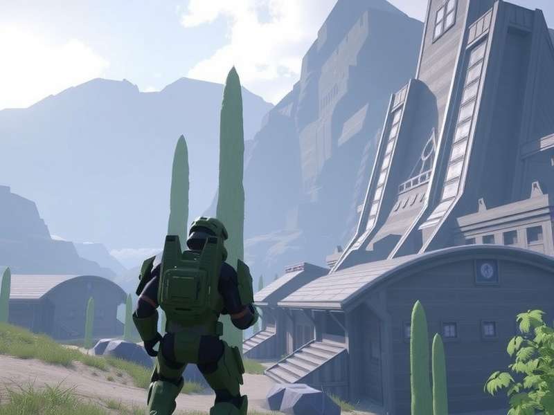 Four Spartan soldiers standing back-to-back on a Halo ring landscape