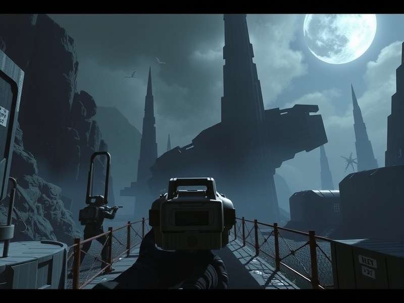 A panoramic view of Zeta Halo in Halo Infinite, showing a broken ring segment against a starry sky