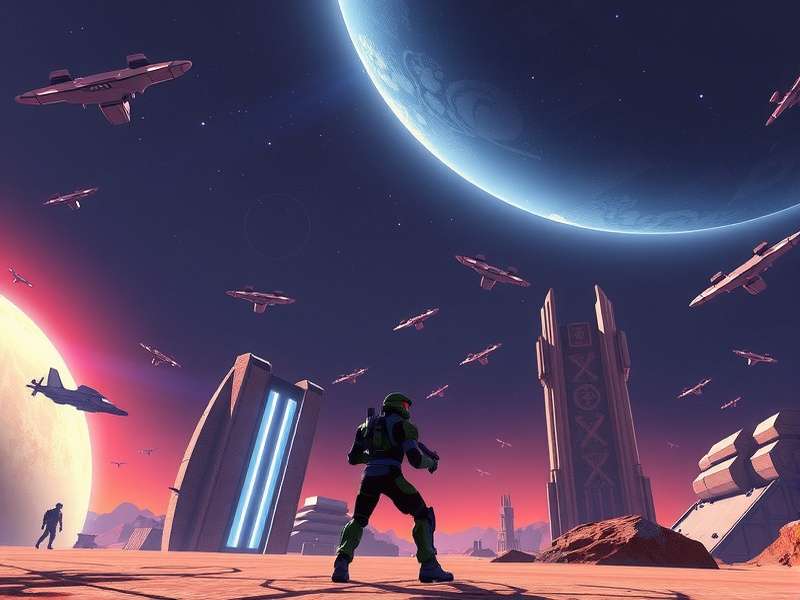 Halo Infinite — Master Chief standing on Zeta Halo with a breathtaking ring world backdrop
