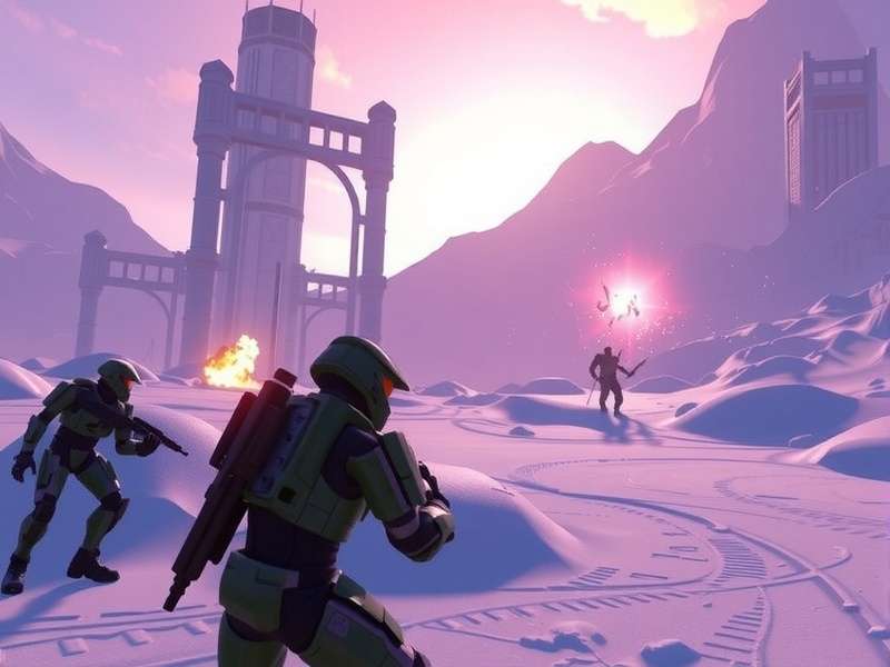Halo Infinite Campaign – Master Chief standing on Zeta Halo ring with a golden sunrise