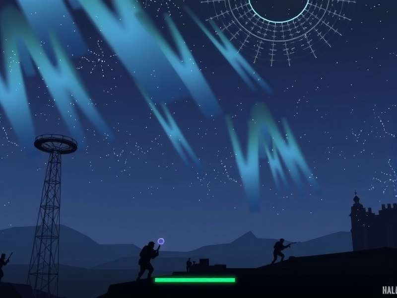 Master Chief standing on the ring of Zeta Halo with a golden sunset