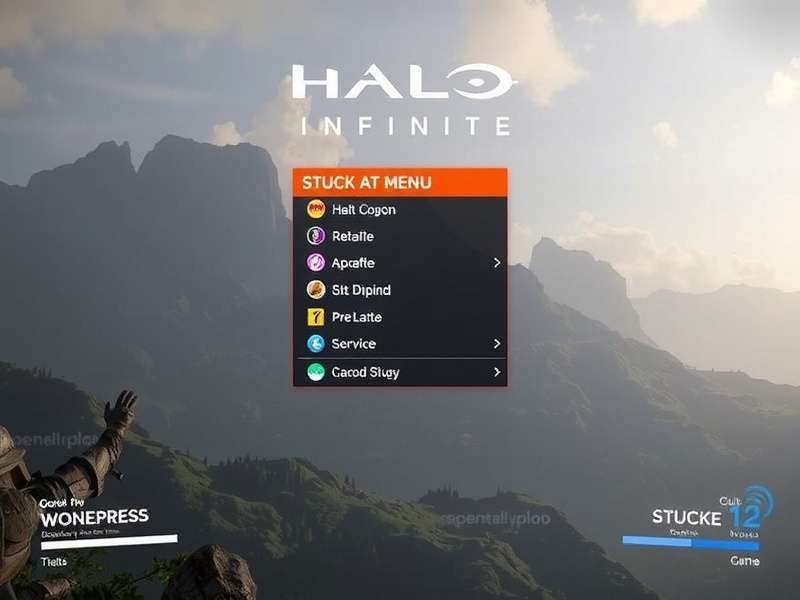 Halo Infinite stuck at menu screen showing frozen UI elements on a dark background