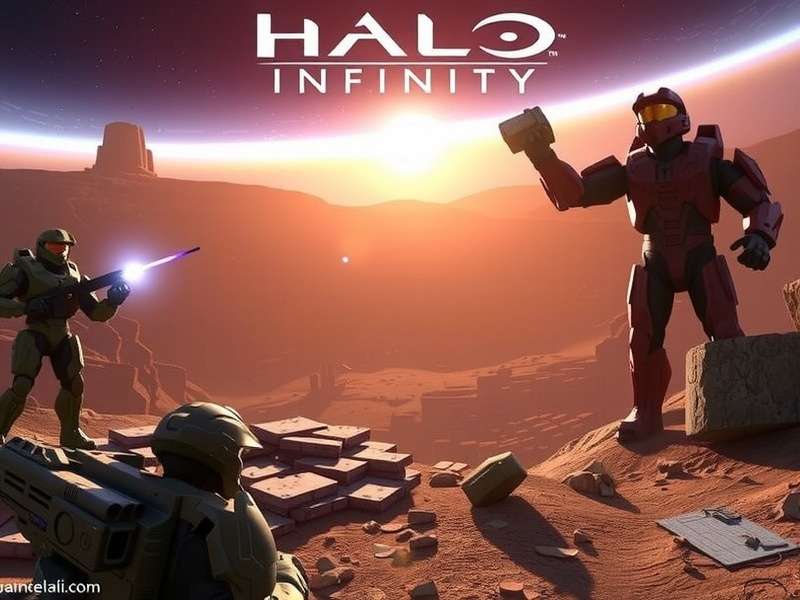Halo Infinite Master Chief standing on a Zeta Halo ring with a plasma rifle