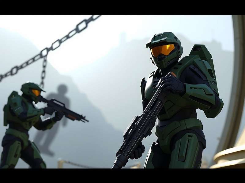 Halo Infinite Campaign — Master Chief on Zeta Halo with epic sci-fi landscape