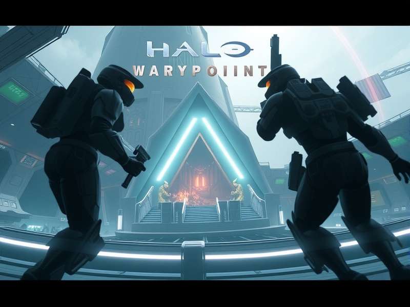 Halo Infinite Spartan standing on a Zeta Halo ring with energy sword and assault rifle