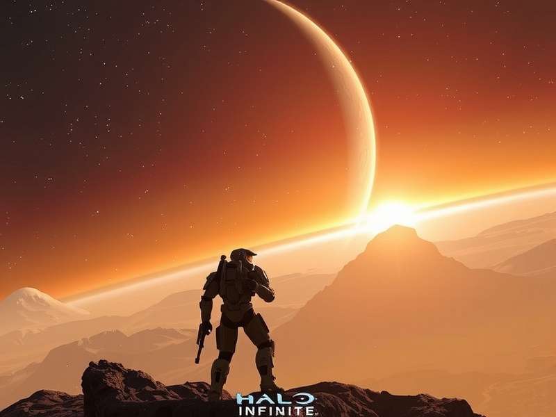 Halo Infinite Master Chief standing on Zeta Halo ring with a plasma pistol