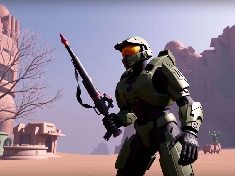 Master Chief standing on Zeta Halo during a dramatic cutscene with ring fragments in the sky